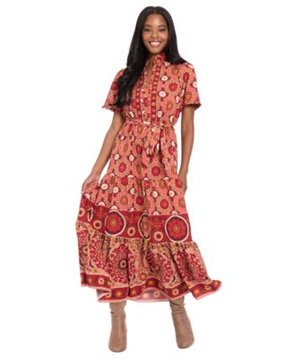 London Times - Women's Ruffle Neck Tiered Maxi Dress