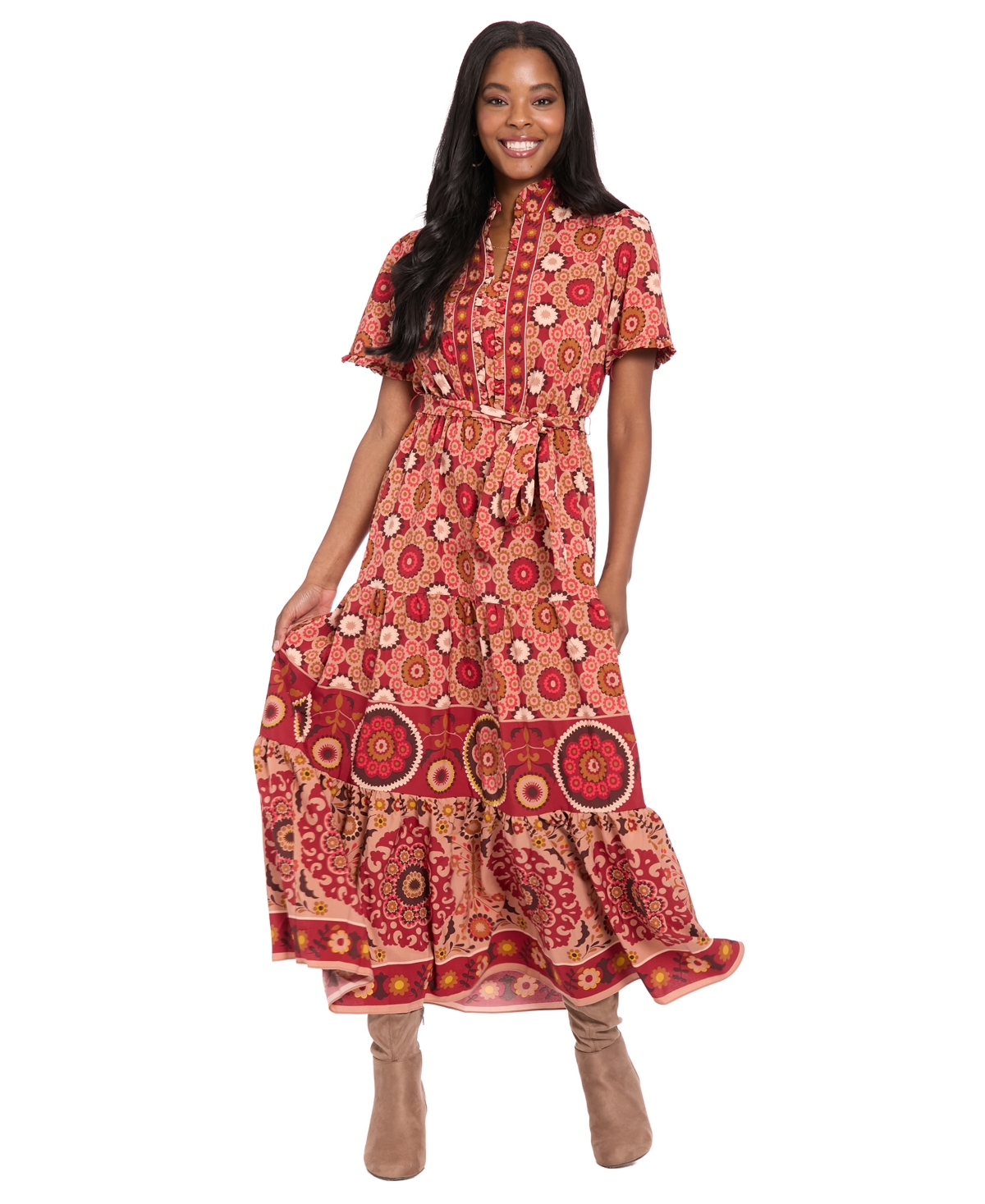 London Times Women's Ruffle Neck Tiered Maxi Dress