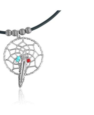 Sterling Silver Kingman Turquoise and Red Coral Black Leather Dreamcatcher Necklace, 17 Inches