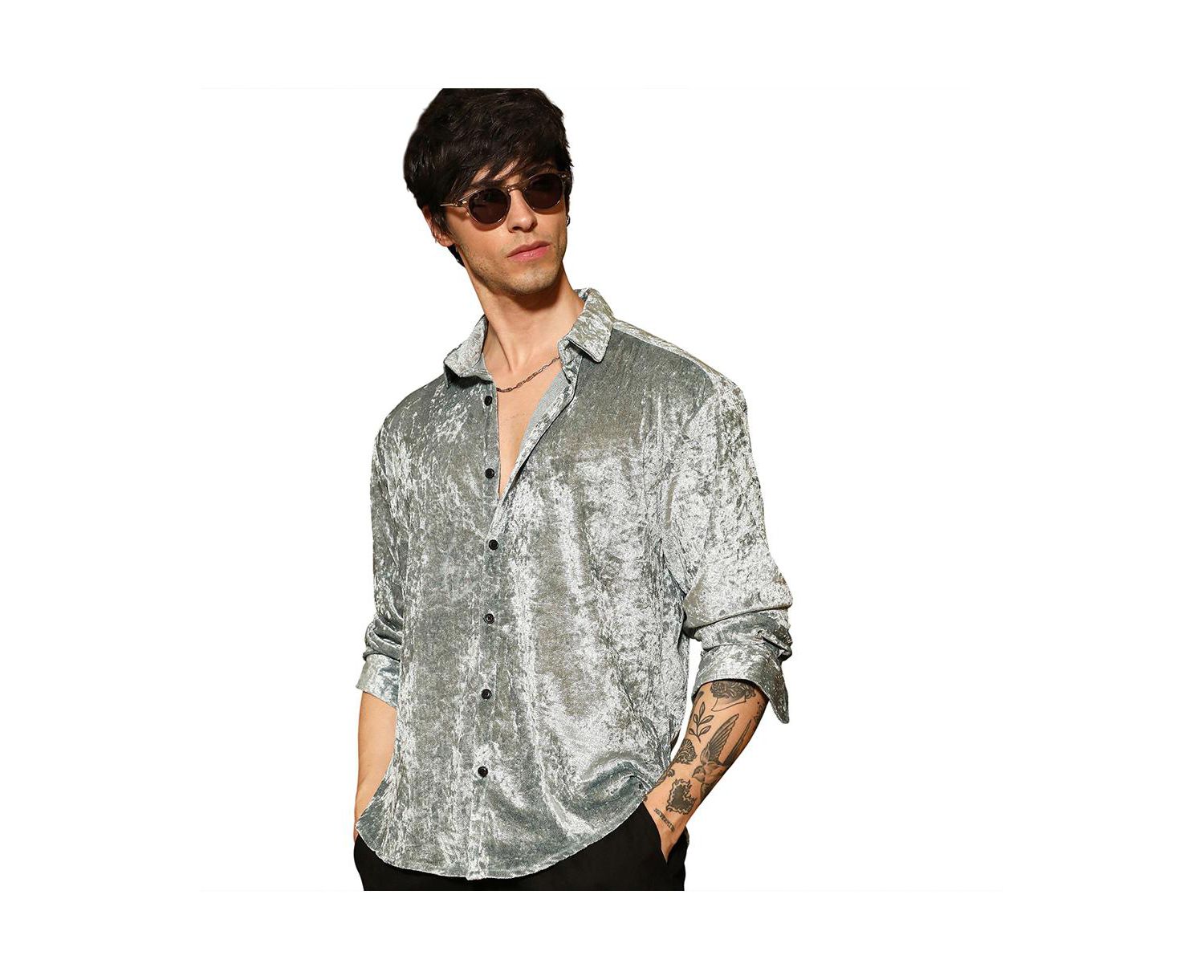 Men's Sage Green Solid Velvet Shirt