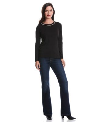Petite Embellished Neck Long Sleeve Top