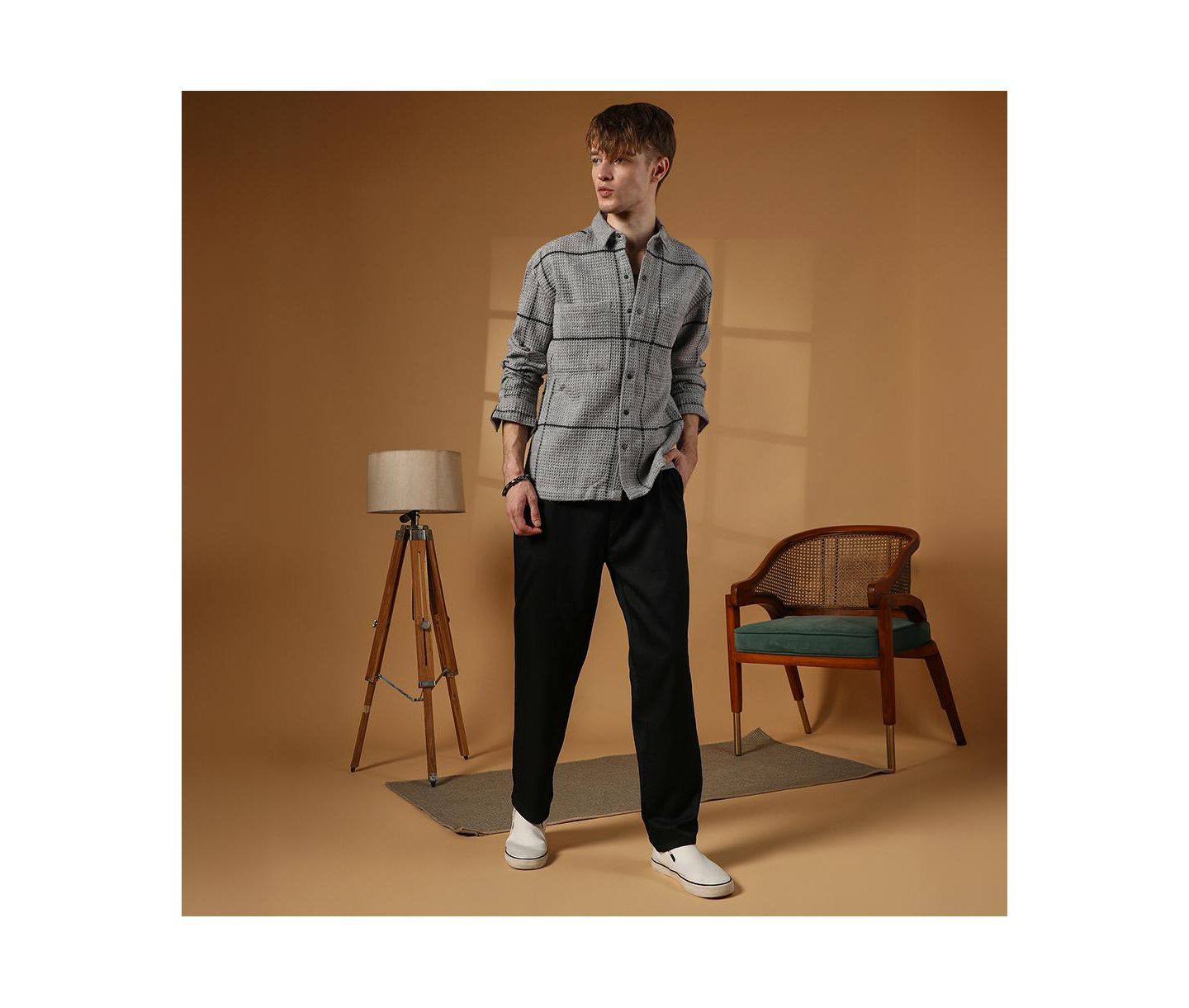 Мужская рубашка Cahoot Campus Sutra Moon Grey Graph-Check Waffle Overshirt, цвет: Серый — фото 4