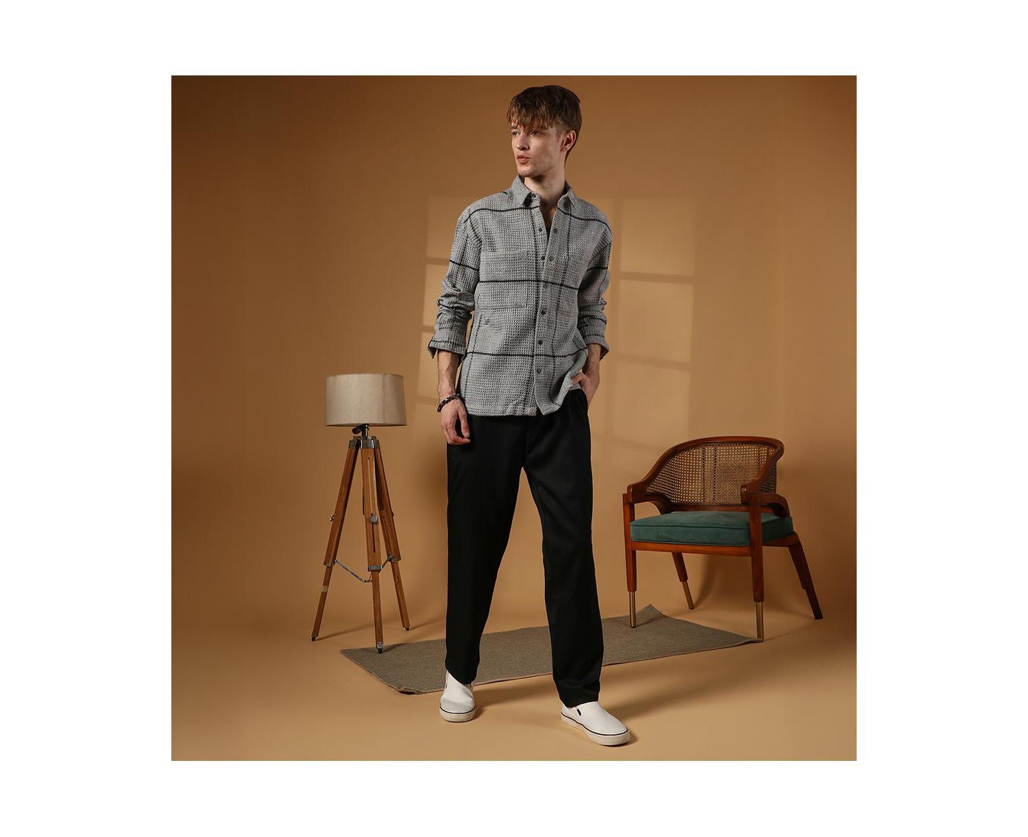 Men's Moon Grey Graph-Check Waffle Overshirt