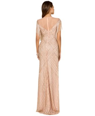 Women's Beaded Fringe Illusion Dress with Cap Sleeves