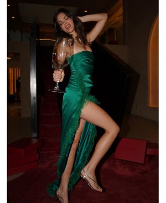Women's Perrin Emerald Green Feather Dress High Slit Gown