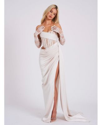 Women Callie Pearl White Lace Satin Corset High Slit Gown