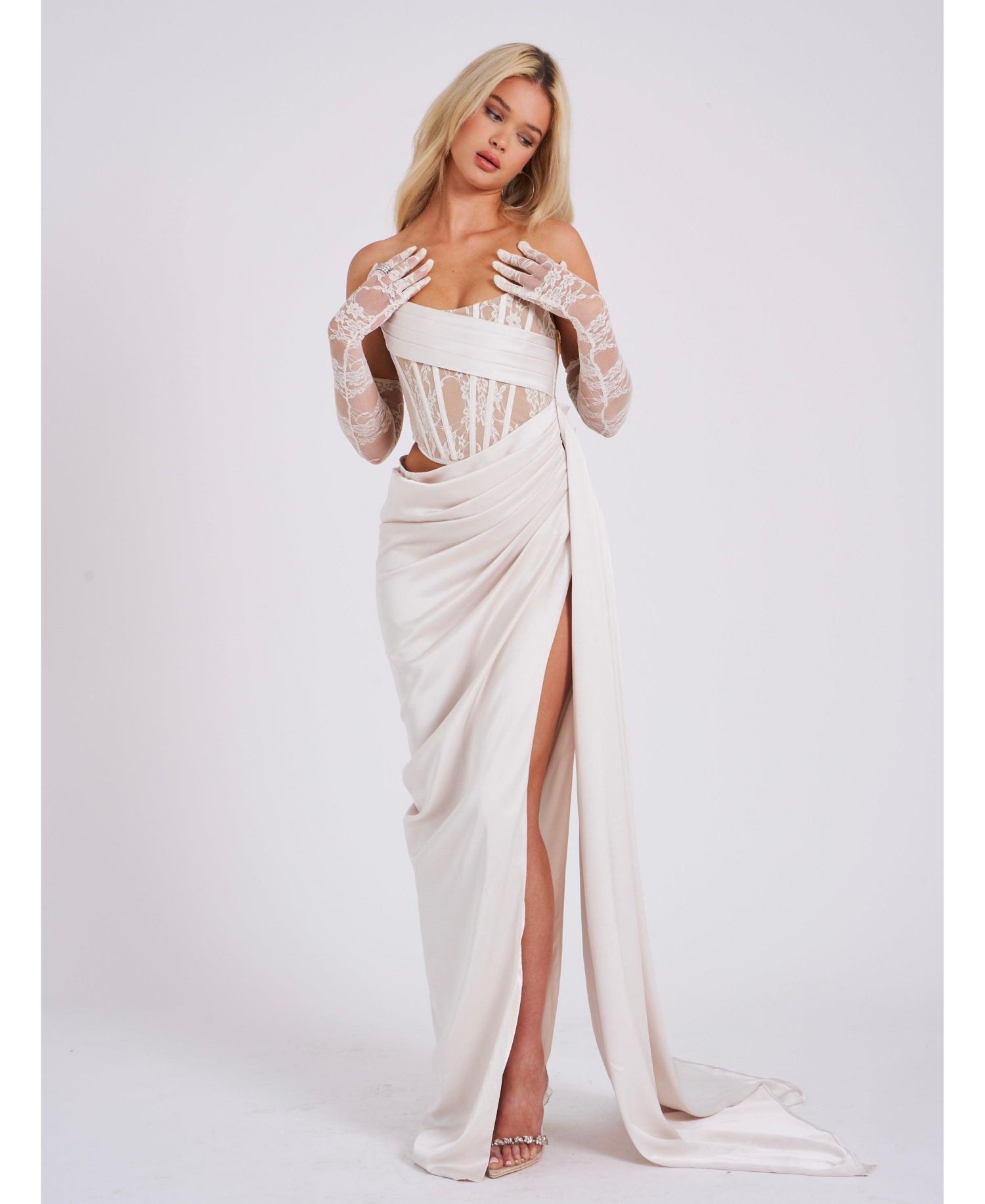 Women Callie Pearl White Lace Satin Corset High Slit Gown