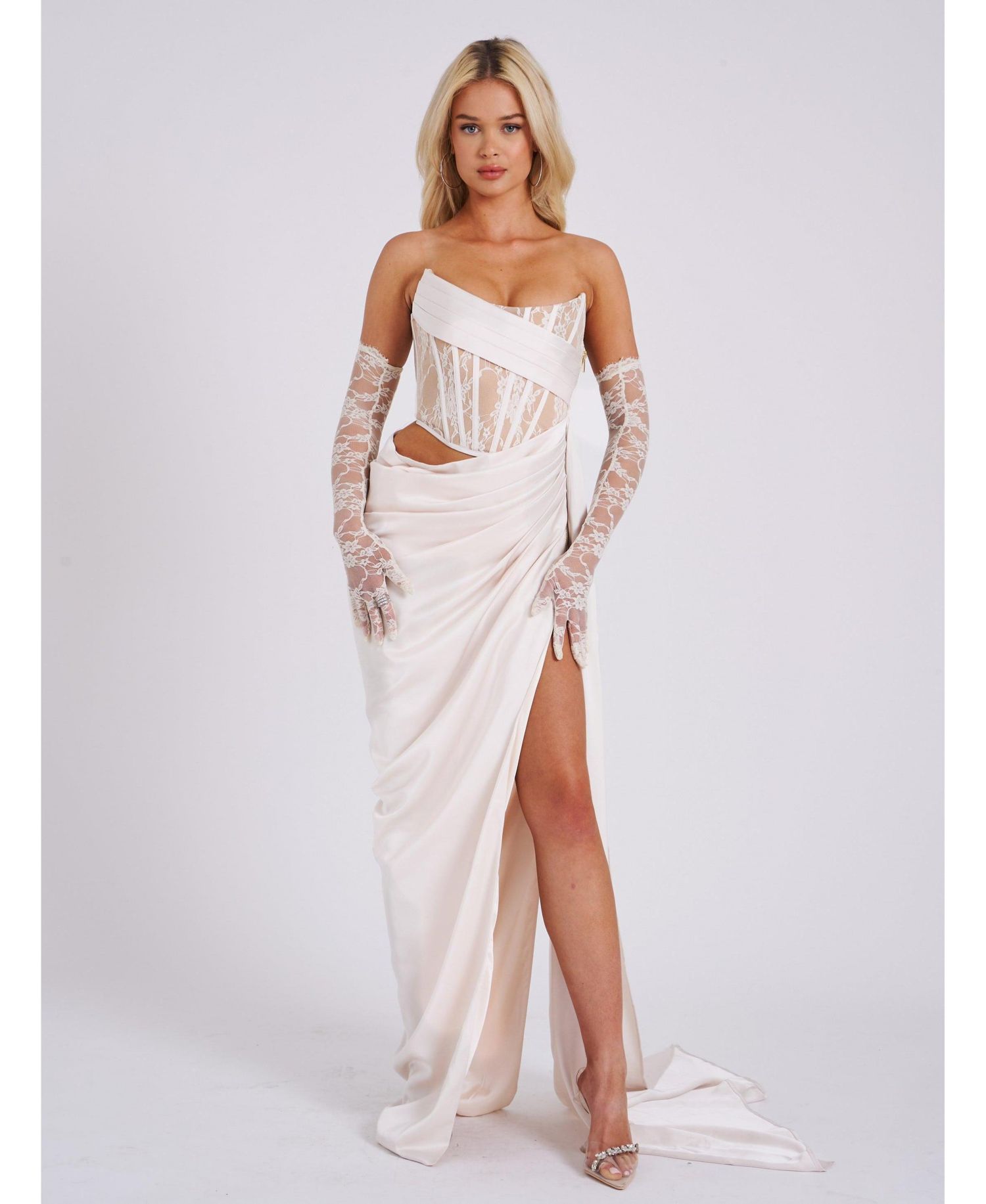 Women Callie Pearl White Lace Satin Corset High Slit Gown