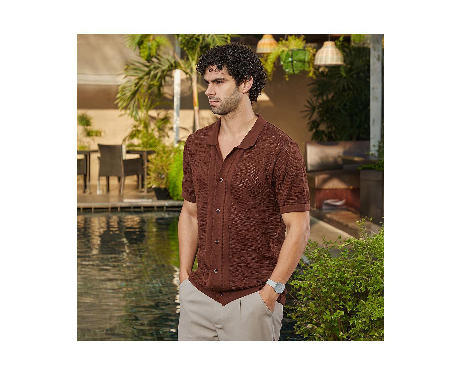 Men's Russet Brown Fluid-Knit Polo Shirt