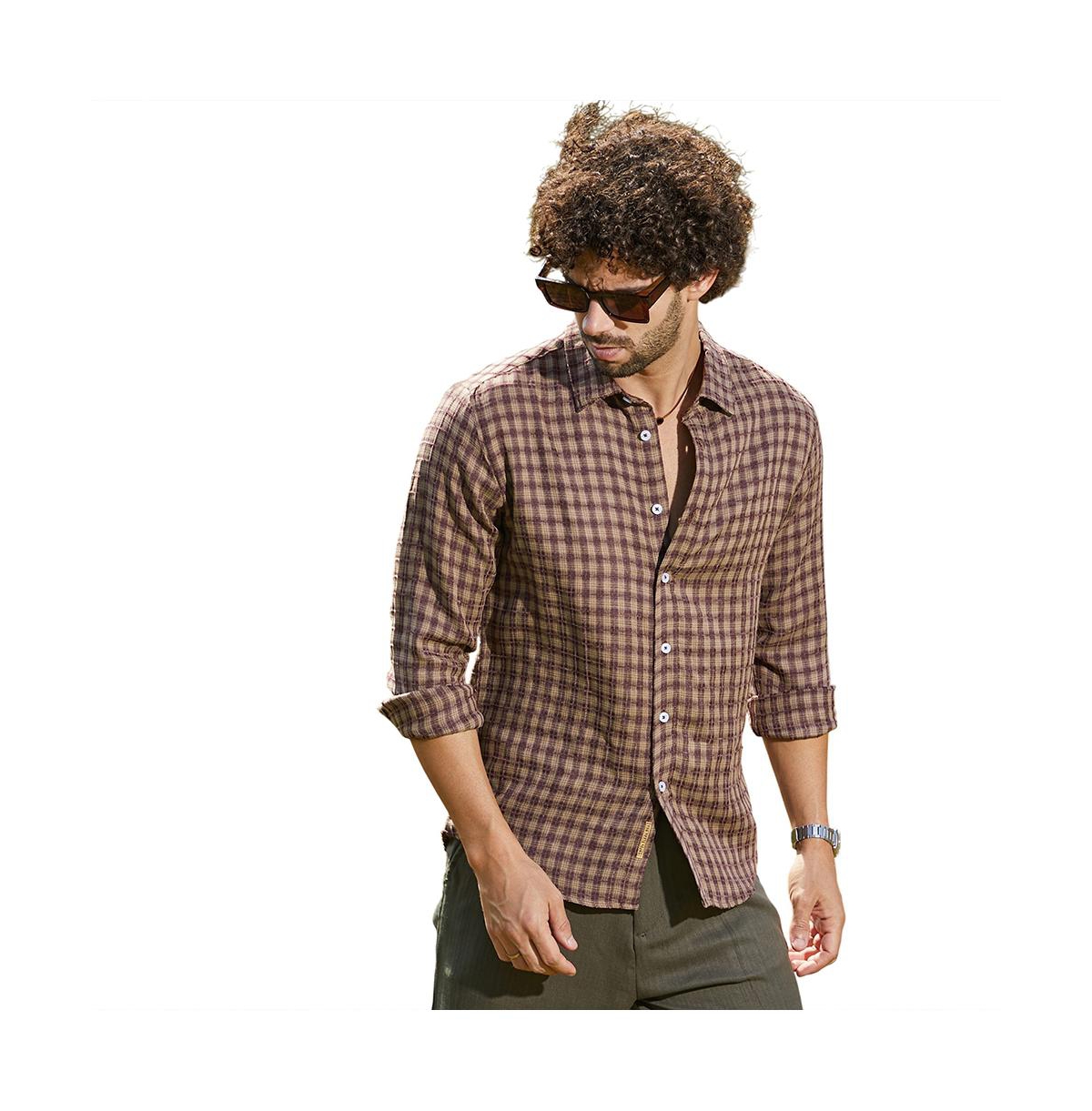 Campus Sutra Men's Mocha Brown Bi-Check Shirt