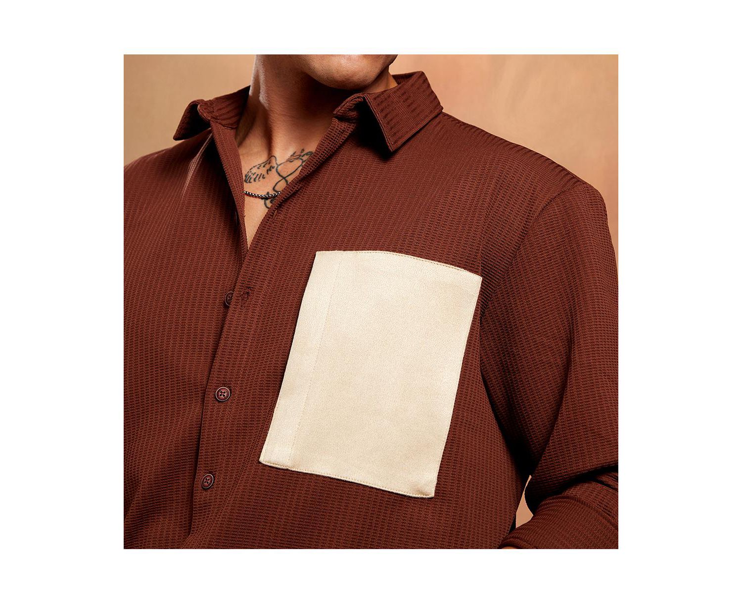 Men's Chocolate Brown Block-Patch Oversized Shirt