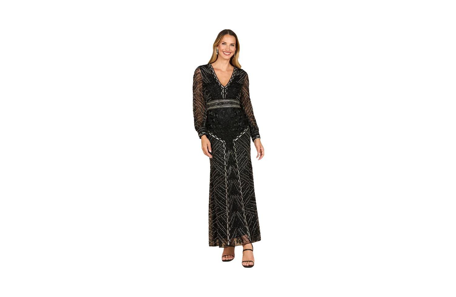 Women's V Neck Beaded Long Sleeve Dress