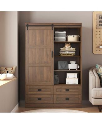 Tall Cabinet Bedroom Armoire Wardrobe Closet Clothing with Hanging Rod Barn Door Drawers Open Shelves