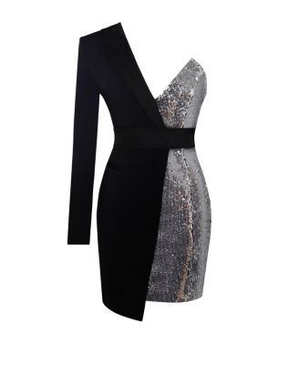 Women's Silver Night Black Sequin Crepe Tuxedo Blazer Dress