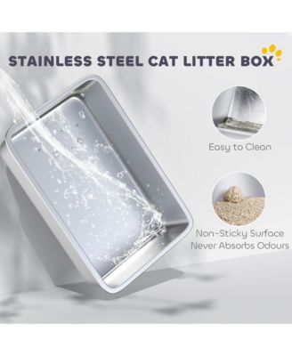 Stainless Steel Litter Box, High Sided Cat Litter Box with Scoop
