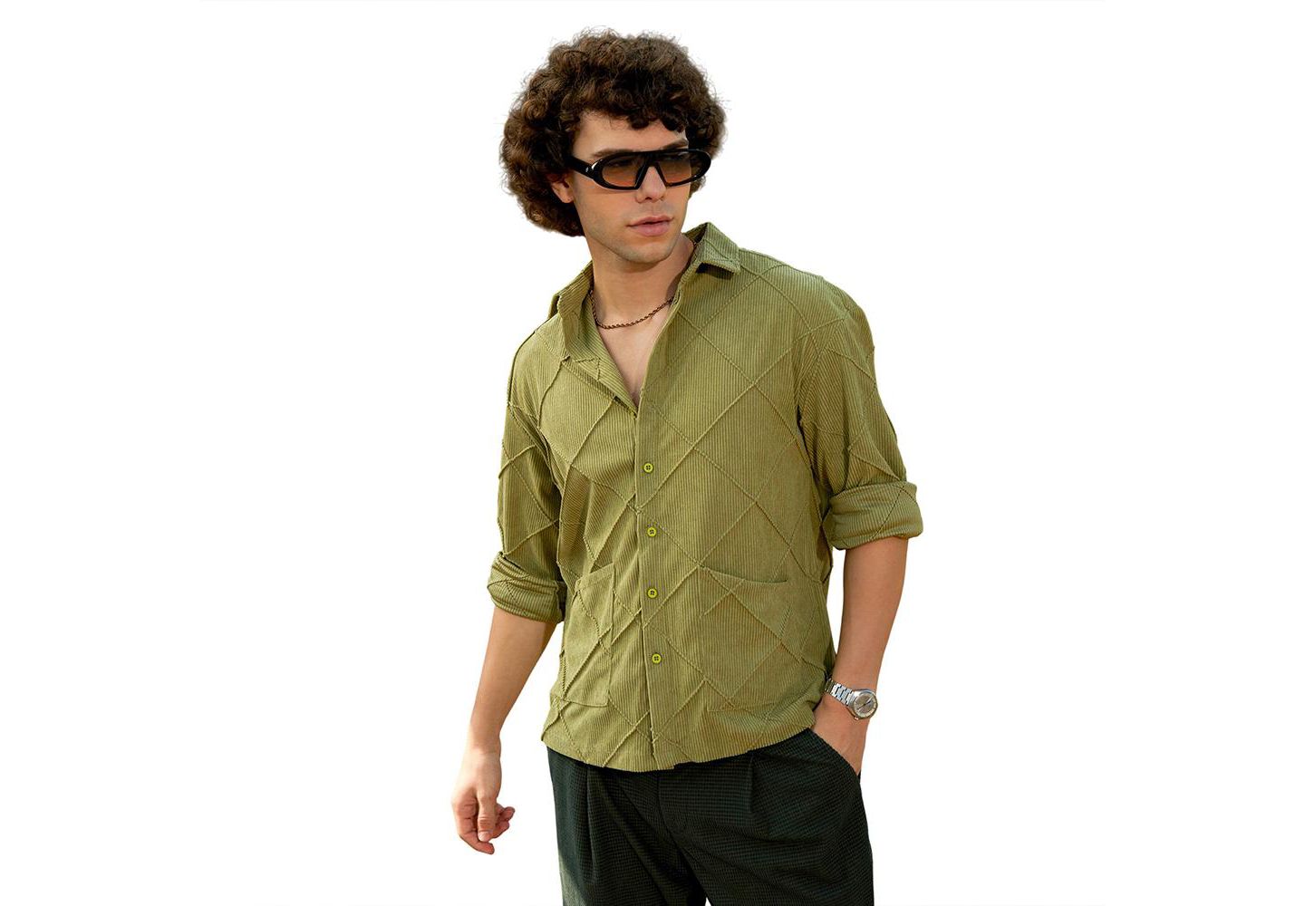 Мужская рубашка Cahoot Campus Sutra Pistachio Green Grid-Corduroy, цвет: Зелёный — фото 1