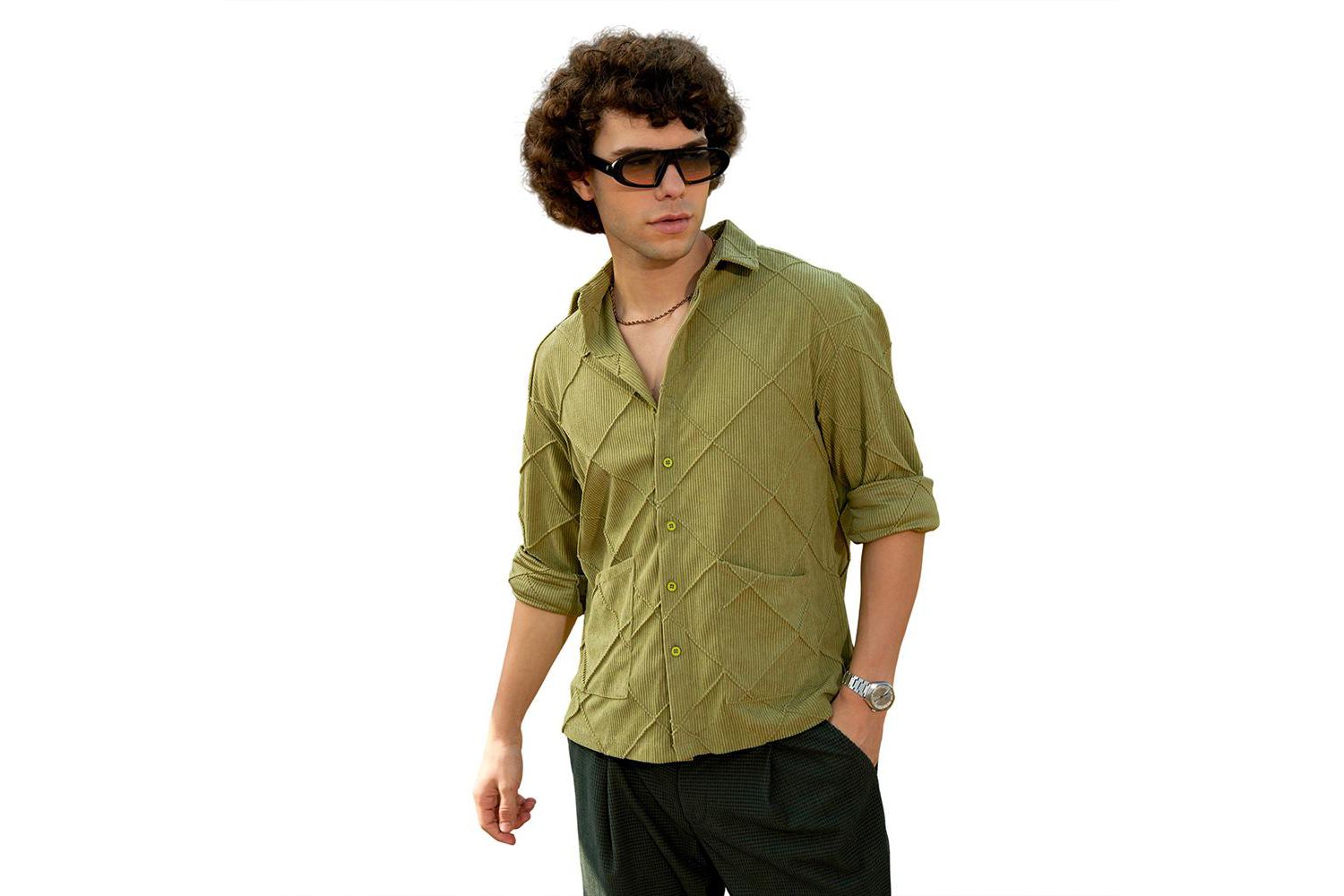 Men's Pistachio Green Grid-Corduroy Shirt