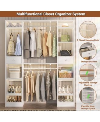 58" - 90'' W MDF/Metal Closet System with 2 Drawers, 3 Hanging Rods and Shelves Large Walk-in Closet Organizer