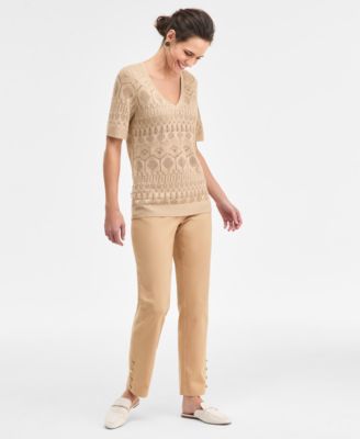 Women's Short-Sleeve Pointelle V-Neck Sweater, Macy's Exclusive