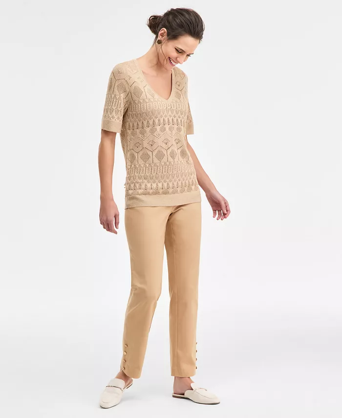 Petite Short-Sleeve Pointelle V-Neck Sweater - thumbnail 2