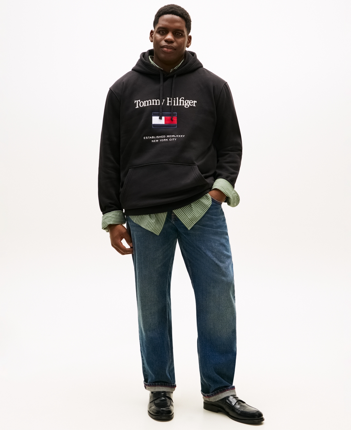 Tommy Hilfiger Men's Big & Tall Embroidered Flag Hooded Sweatshirt In Black