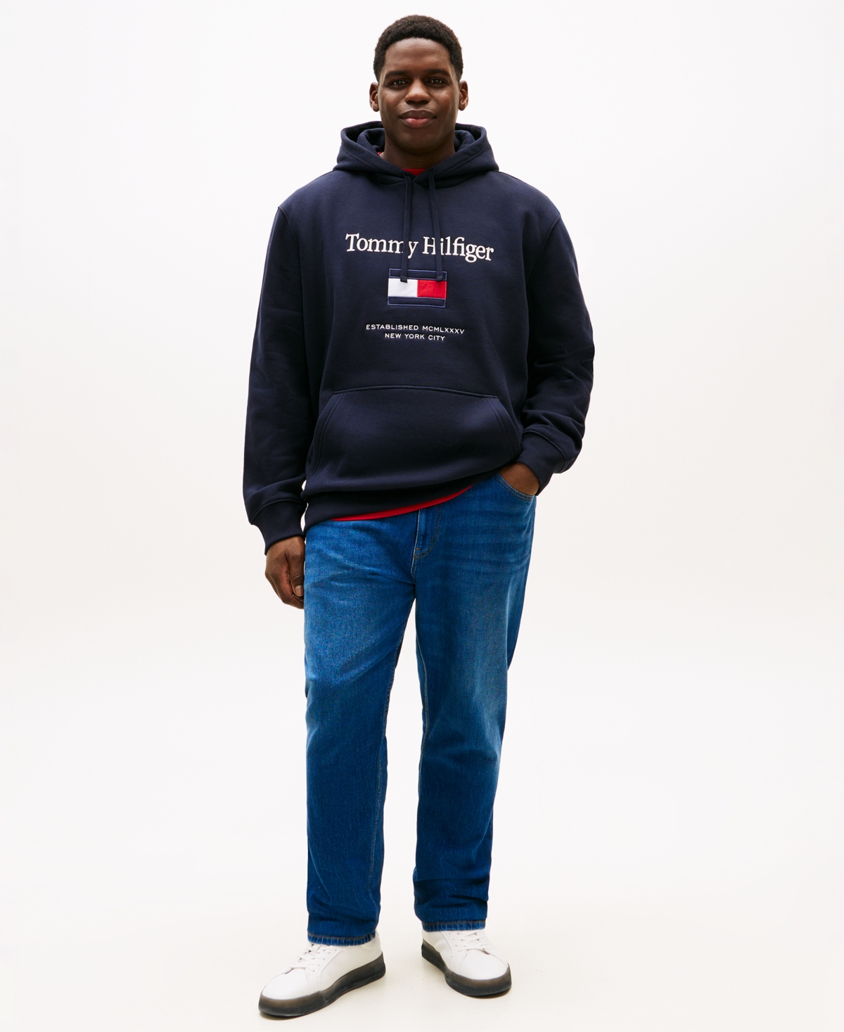 Tommy Hilfiger Men's Big & Tall Embroidered Flag Hooded Sweatshirt In Blue