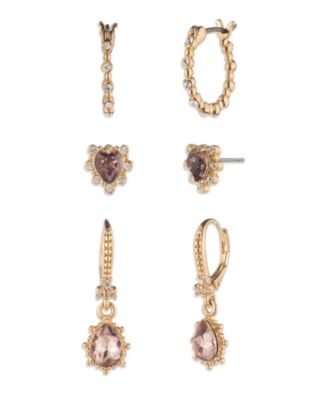 Marchesa - 3-piece Glass Stone Gold-Tone Heart Earrings Set