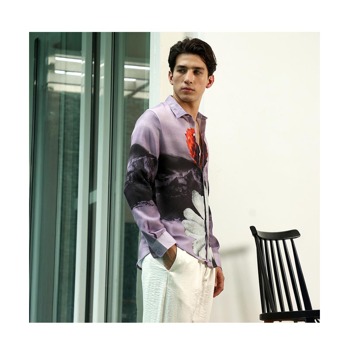 Campus Sutra Men's Purple Floral Printed Rayon Shirt With Spread Collar