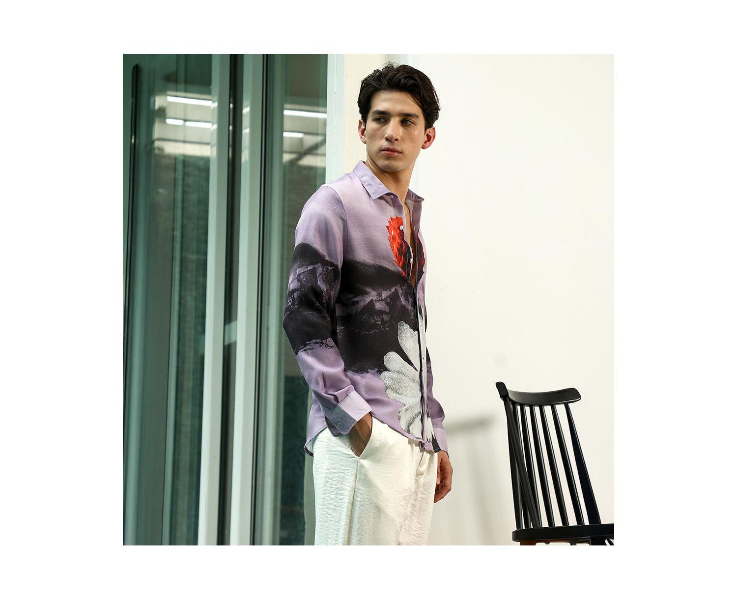 Men's Purple Floral Printed Shirt With Spread Collar