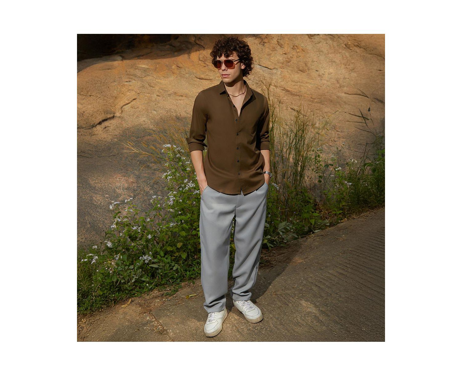 Men's Olive Green Solid Button-Up Shirt