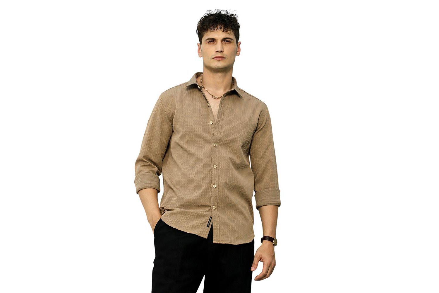 Men's Ash Brown Grid-Check Tactile Shirt