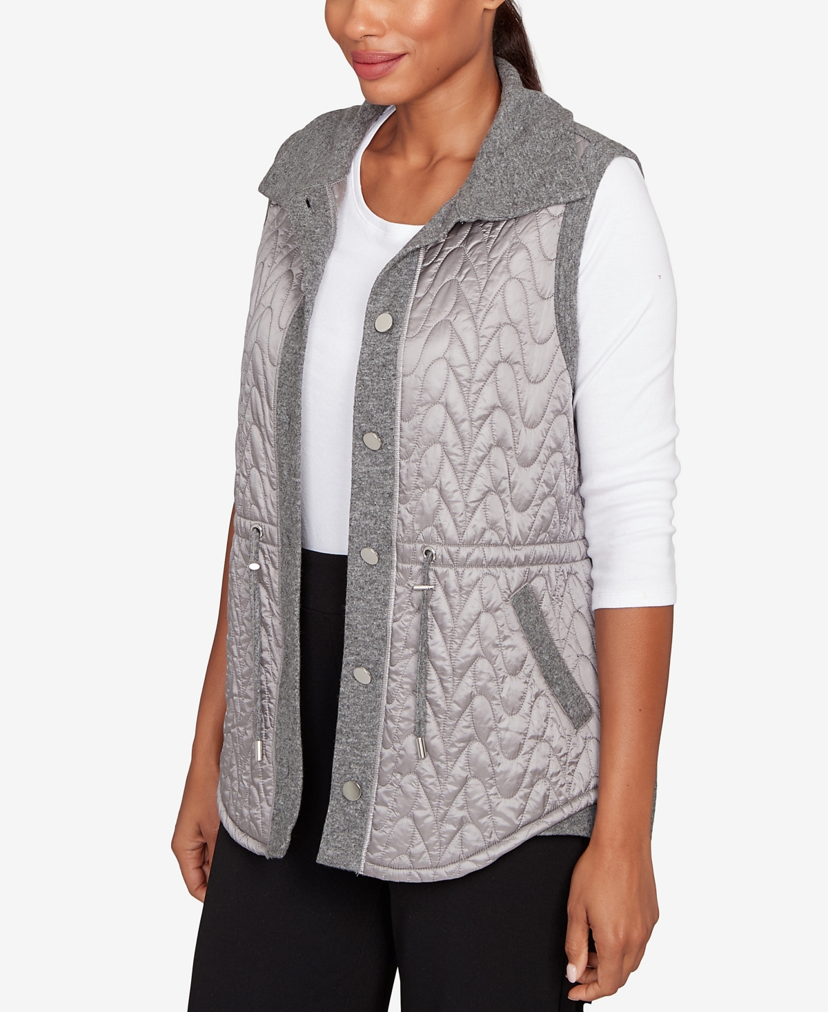 Ruby Rd. Petite Button Front Quilted Vest In Gray