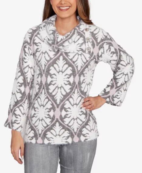 Petite Medallion Jacquard Sweater Knit Top - Gray Multi