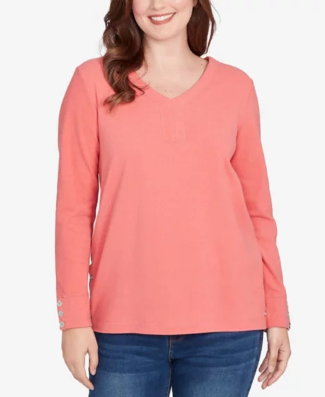 Petite Luxe Rib V-Neck Button Accent Knit Top - Bright Coral