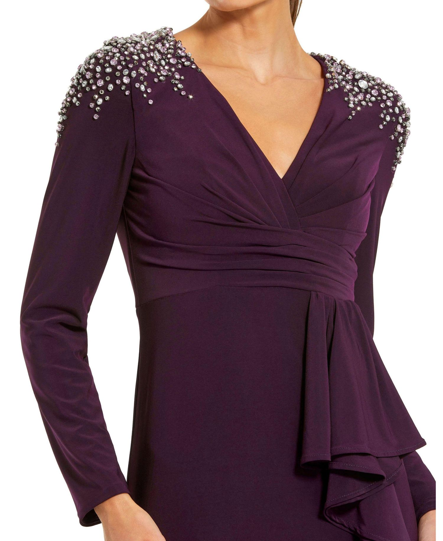 Women's Long Sleeve Gown with Cascading Ruffle and Rhinestone Shoulders