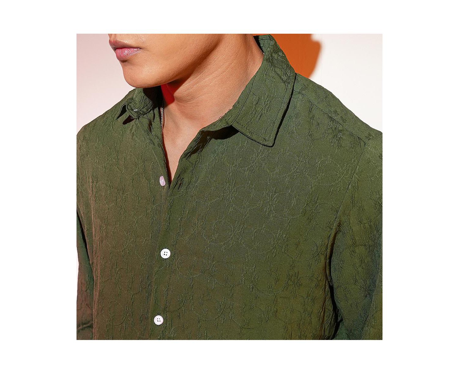 Men's Forest Green Floral-Textured Shirt