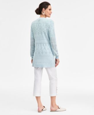 Women's Pointelle Open-Front Cardigan, Short-Sleeve Pointelle V-Neck Sweater & Side-Button Pull-On Capri Pants