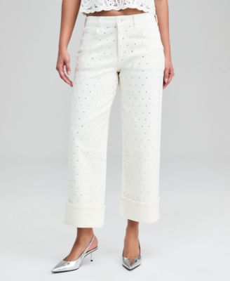 Petite Rhinestone Cuff Wide Leg Jeans, Macy's Exclusive