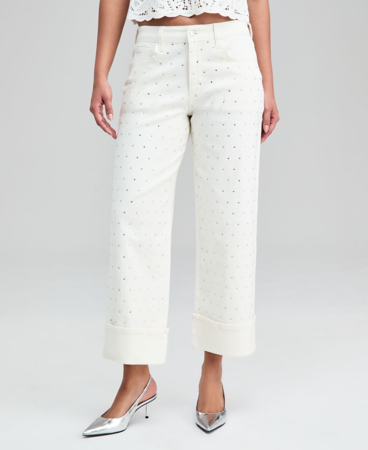 And Now This Women's Embellished Cuffed Wide-leg Jeans, Macy's Exclusive In White