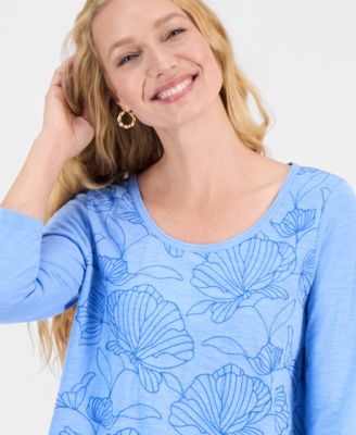 Women's 3/4 Sleeve Scoop Embroidered Knit Top, Macy's Exclusive