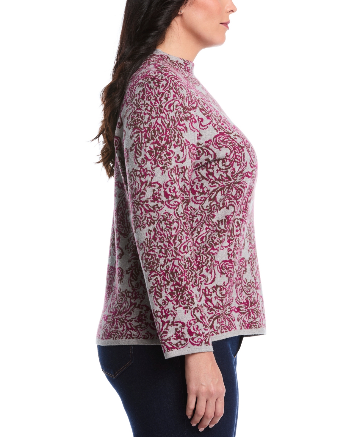 Rafaella Plus Size Floral Paisley Print Long Sleeve Sweater In Purple