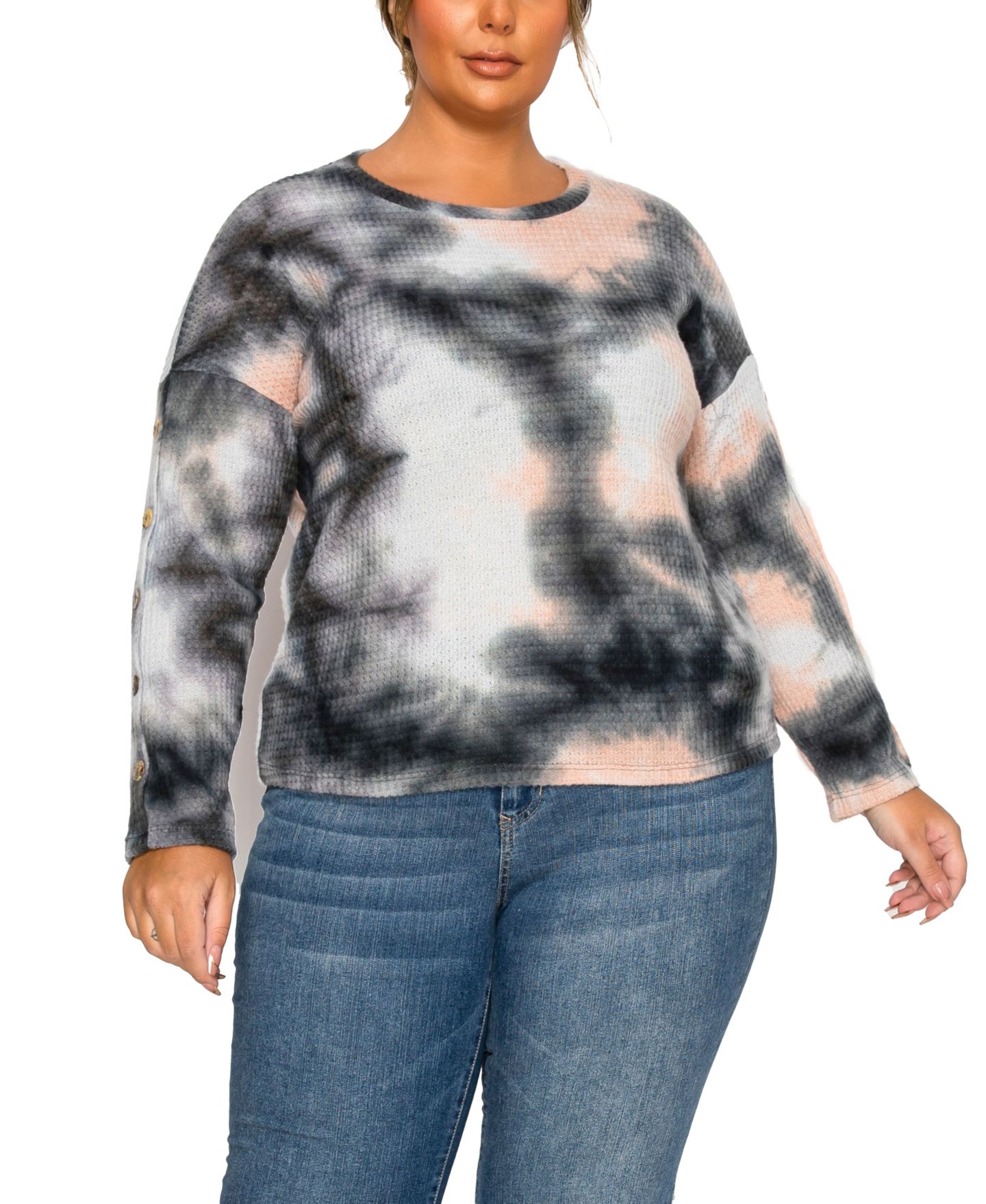 Женский топ COIN 1804 Plus Size Brushed Tie Dye Waffle Crew Neck, цвет: Серый — фото 1