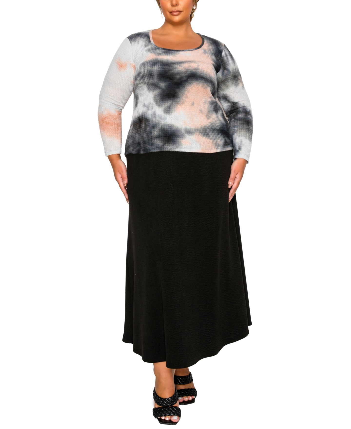 Женский топ COIN 1804 Plus Size Brushed Tie Dye Waffle Square Neck, цвет: Серый — фото 3