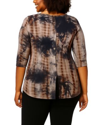 Plus Size Tie Dye Cozy Button Back 3/4 Sleeve Top