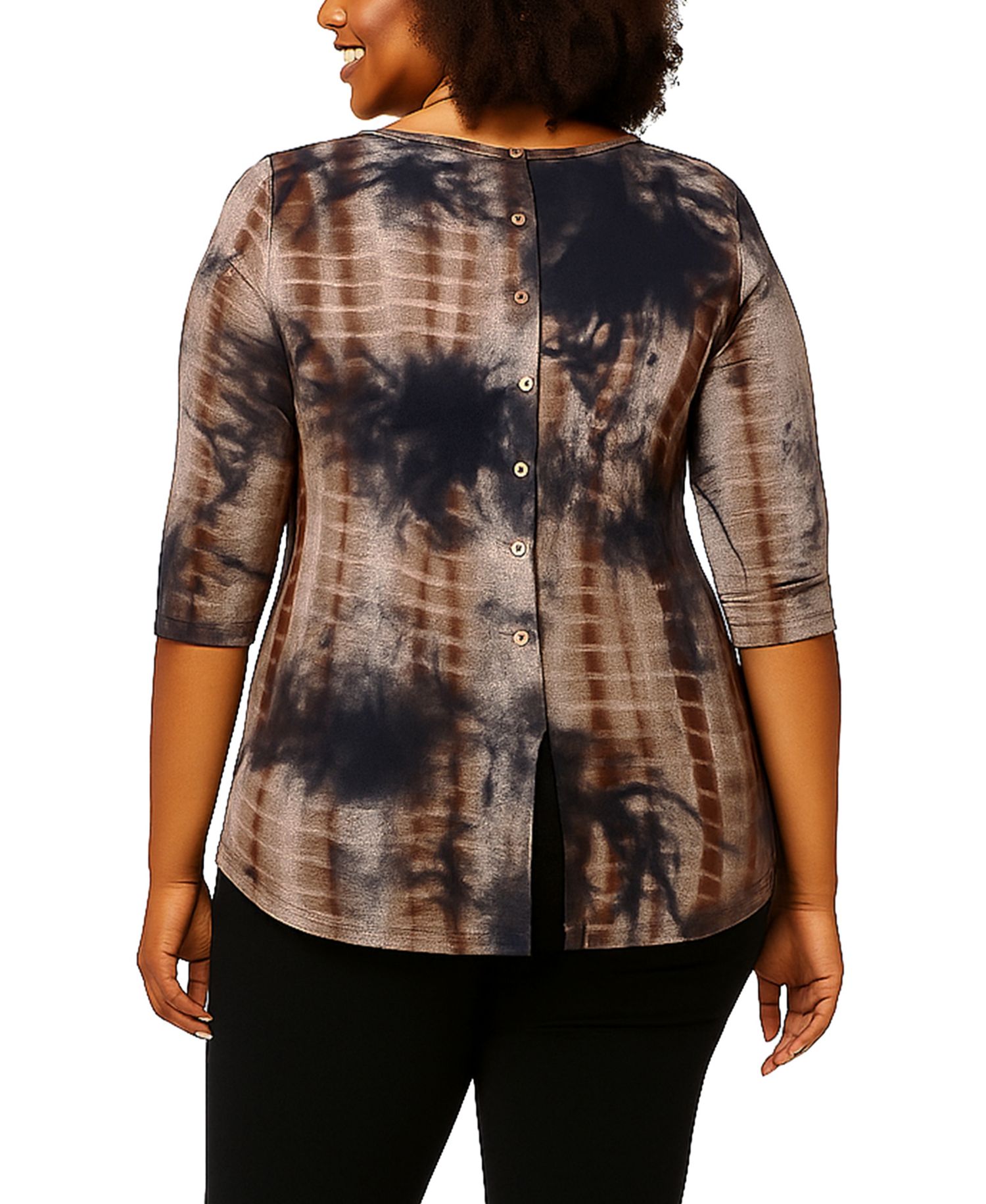 Plus Size Tie Dye Cozy Button Back 3/4 Sleeve Top