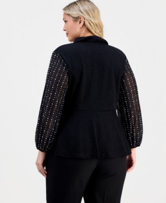 Plus Size Metallic Knit Beaded-Sleeve Top