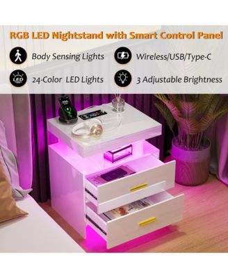 22.8" Wood LED Nightstand RGB Lights Auto Sensor Charging Station