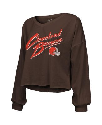 Women's Shedeur Sanders Brown Cleveland Browns Name Number Off-Shoulder Script Cropped Long Sleeve Relaxed V-Neck T-Shirt