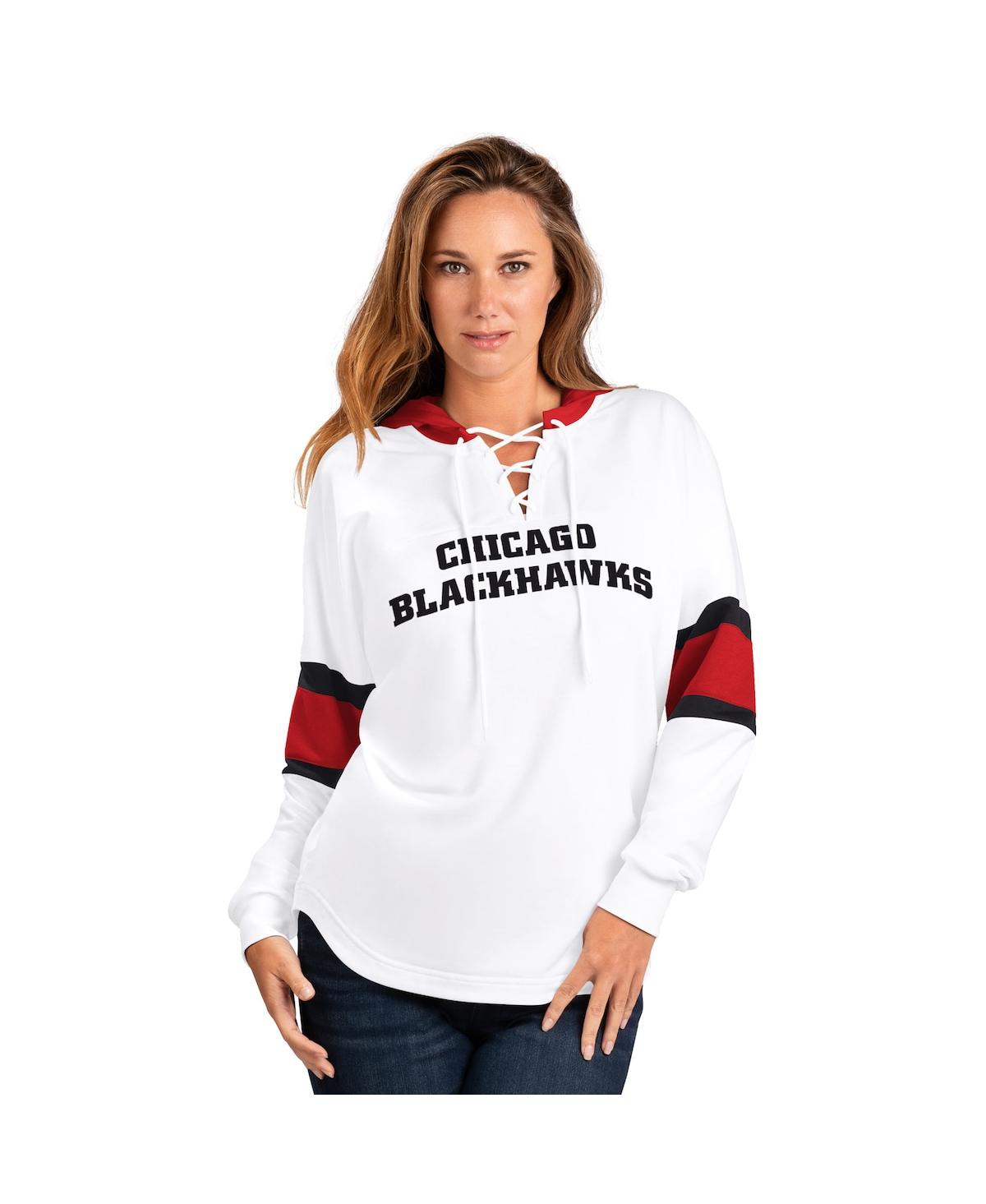G-iii 4her By Carl Banks Women'sâ White Chicago Blackhawks Goal Zone Long Sleeve Lace-up Hooded T-shirt In Multi