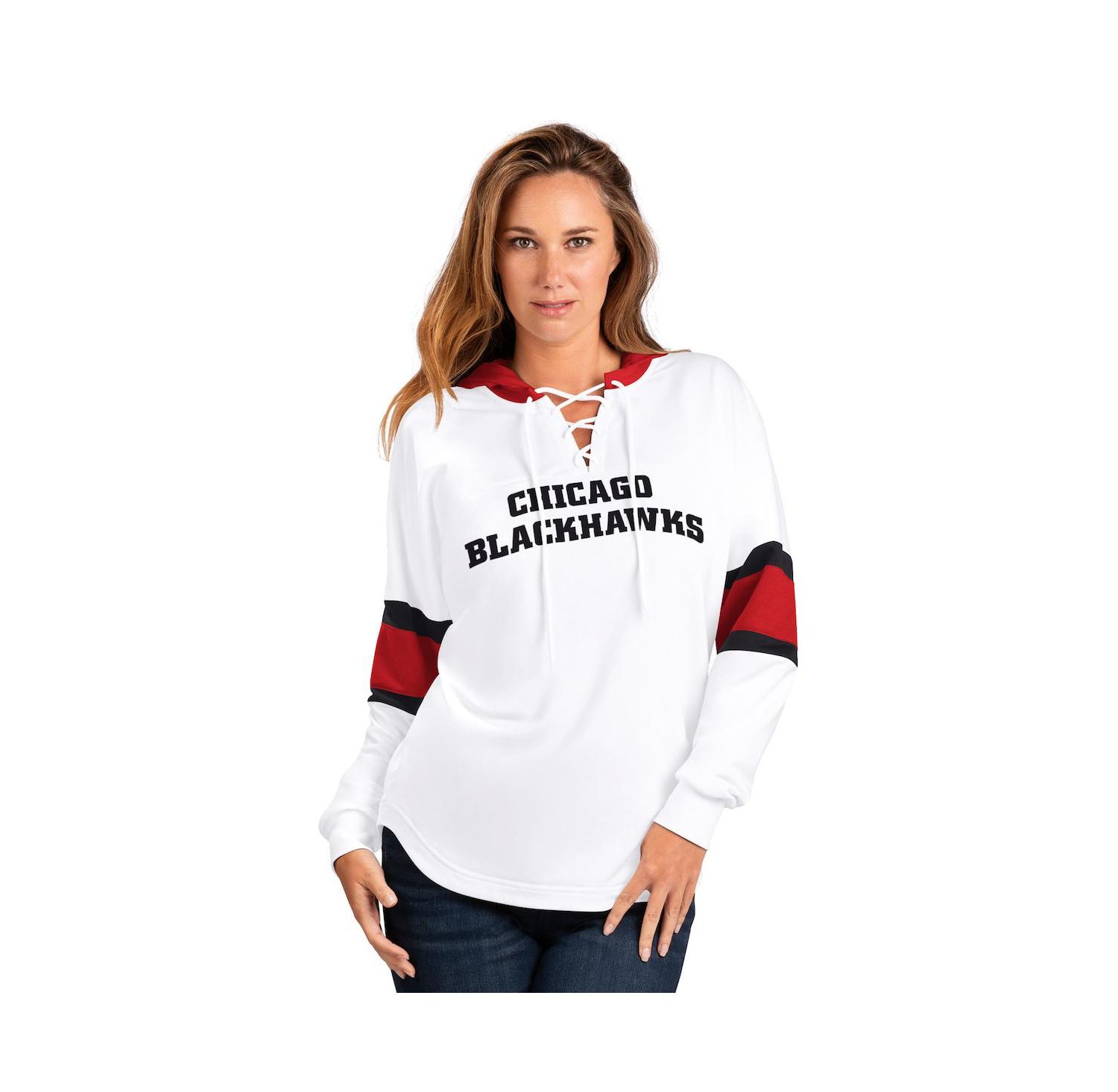 Women's White Chicago Blackhawks Goal Zone Long Sleeve Lace-Up Hooded T-Shirt